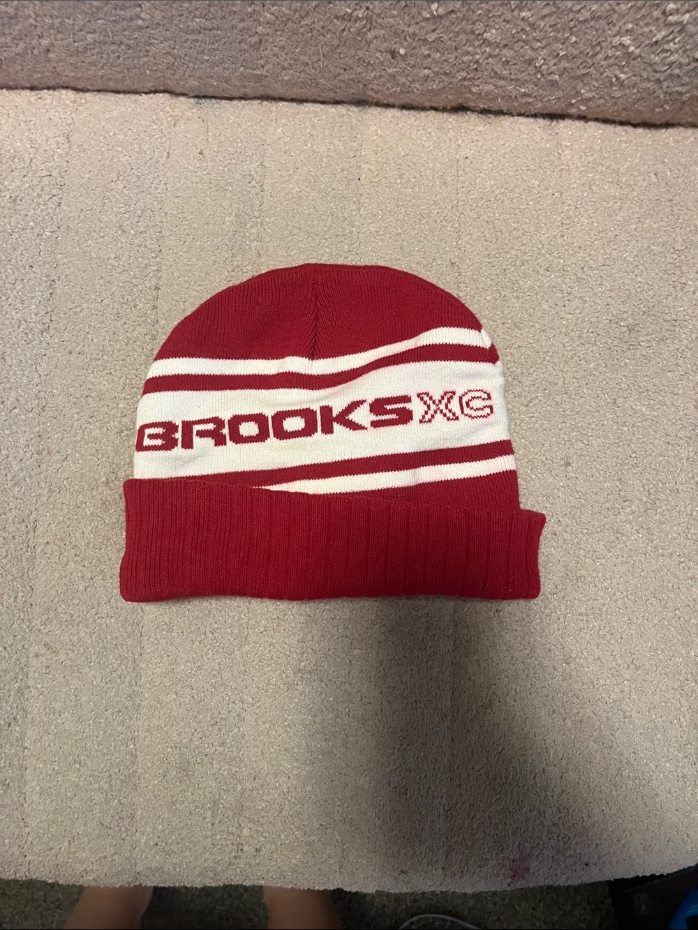 Brooks Red and White Kids Knit Beanie